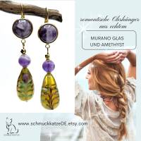 Ohrringe aus Muranoglas und Amethyst, Murano Glas Ohrringe tropfenförmig, gelbe Ohrringe, Amethyst Ohrringe Bild 2