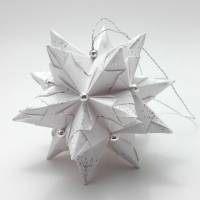 Mini-Bascetta-Stern, ca. 6 cm, Weiß/Silber mit Glitzer, Perlen und Aufhängeband, Weihnachtsstern, Origami Faltstern Bild 1