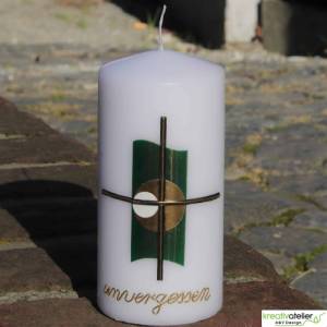 weiße, kleine Trauerkerze/Gedenkkerze mit Kreuz und Echtwachsbeschriftung "unvergessen", Kerze zum Gedenken Bild 8