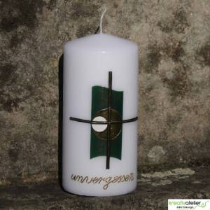weiße, kleine Trauerkerze/Gedenkkerze mit Kreuz und Echtwachsbeschriftung "unvergessen", Kerze zum Gedenken Bild 9