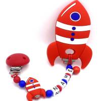 Baby Beißring Kette Rakete mit Namen Silikonkette Zahnungshilfe Babykette rot Bild 2