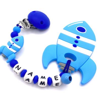 Baby Beißring Kette Rakete mit Namen Silikonkette Zahnungshilfe Babykette blau