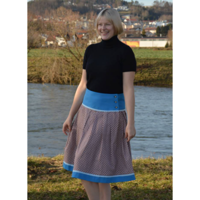 Faltenrock braun-blau, Trachtenrock, weitschwingender Taillenrock, traditioneller, knielanger Damenrock