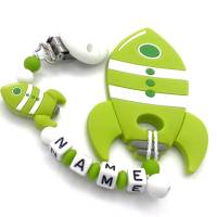 Baby Beißring Kette Rakete mit Namen Silikonkette Zahnungshilfe Babykette grün Bild 1