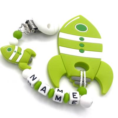 Baby Beißring Kette Rakete mit Namen Silikonkette Zahnungshilfe Babykette grün