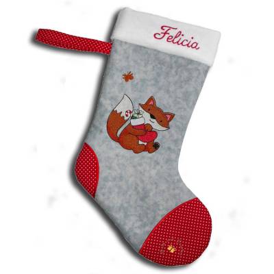 Bestickter grauer Nikolausstiefel Stickmotiv Fuchs personalisierter Weihnachtsstiefel mit Namen flauschige Krempe