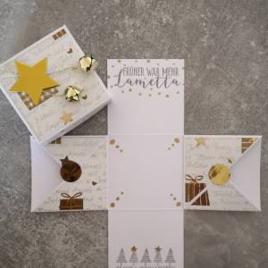 Explosionsbox zu Weihnachten  "früher war mehr Lametta"  in Weiß/Gold/Grau, ca. 7 x 7 x 7,5 cm, Ideal als Geldge Bild 1
