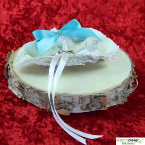 Elegante Austernmuschel-Ringschale (weiß) mit stilvollen türkis-weißen Satinbändern - Perfekte Aufbewahrung für Eheringe Bild 8