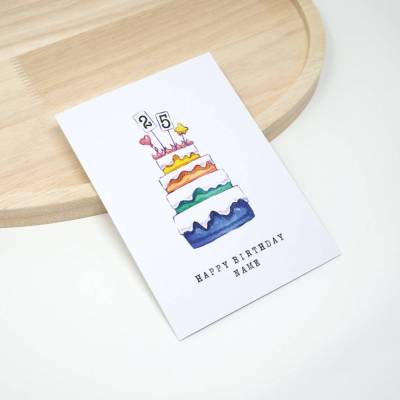 Personalisierte Geburtstagskarte mit Name und Alter | Regenbogen Torte Aquarell | A6 Klappkarte mit Briefumschlag