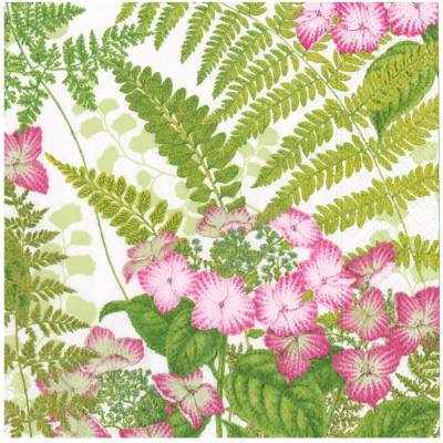 Cocktailservietten Fern Garden, Farnzweige mit rosa Blumen, von Caspari