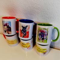 3 Kunst - Tassen im Set: Pferd, Hund, Kuh. Mit Sprüchen.  Malerei Kunst, Mug Becher 325 ml, Keramik Bild 1