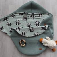 Kuschelige Einschlagdecke für Babyschale aus 100% Walkloden Wolle–Grün-süsse Pandas-Jersey Herbst Winter Bild 10