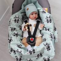 Kuschelige Einschlagdecke für Babyschale aus 100% Walkloden Wolle–Grün-süsse Pandas-Jersey Herbst Winter Bild 2