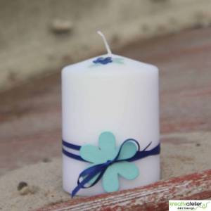 weiße, maritime Kerze mit großer Holzblume und blauem Satinbändchen, Maritimes Geschenk, Nautic Art, Urlaubsgeschenk Bild 5