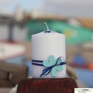weiße, maritime Kerze mit großer Holzblume und blauem Satinbändchen, Maritimes Geschenk, Nautic Art, Urlaubsgeschenk Bild 6