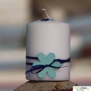 weiße, maritime Kerze mit großer Holzblume und blauem Satinbändchen, Maritimes Geschenk, Nautic Art, Urlaubsgeschenk Bild 7