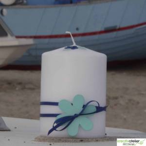 weiße, maritime Kerze mit großer Holzblume und blauem Satinbändchen, Maritimes Geschenk, Nautic Art, Urlaubsgeschenk Bild 8