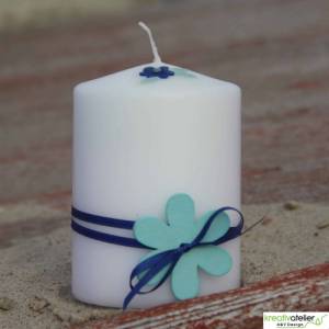 weiße, maritime Kerze mit großer Holzblume und blauem Satinbändchen, Maritimes Geschenk, Nautic Art, Urlaubsgeschenk Bild 9