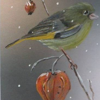 Grußkarte,  Wintergruß  -  Grünfink -  handgemalt