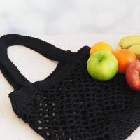schwarze Häkeltasche Einkaufstasche Einkaufsnetz aus hochwertiger Baumwolle mit Schulterriemen von Hand gehäkelt Bild 7