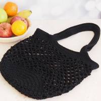 schwarze Häkeltasche Einkaufstasche Einkaufsnetz aus hochwertiger Baumwolle mit Schulterriemen von Hand gehäkelt Bild 8