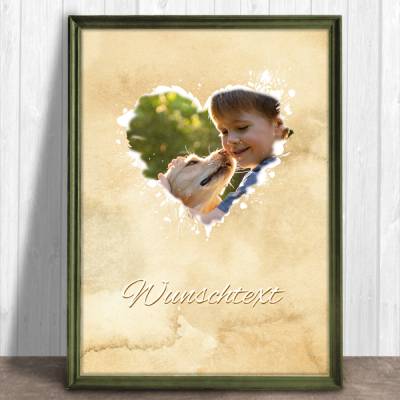 Mensch-Haustier-Portrait - Watercolor - Herz - sandfarben | personalisierbar mit Wunschtext - Digitaldruck Tierportrait