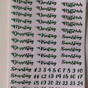 Stickerbogen Wochentage + Zahlen für Bujo, Filofax, in grün foliert Bild 1