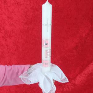 Weißes Kerzentuch aus Baumwollbatist mit breiter Spitze für Hochzeits-, Tauf-, und Kommunionskerzen geeignet Bild 4