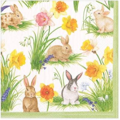 20 Cocktailservietten Bunnies and Daffodils, Hasen mit Frühlingsblumen, von Caspari