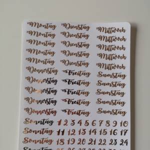Stickerbogen Wochentage + Zahlen für Bujo, Filofax, in rosegold foliert Bild 1