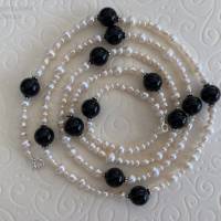 Perlenkette mit Onyx 96 cm lang, Zuchtperlen und Edelstein mit Si925, Wickelarmband, Geschenk, Handarbeit aus Bayern Bild 5