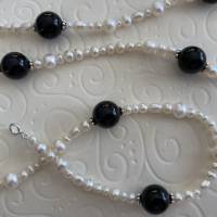 Perlenkette mit Onyx 96 cm lang, Zuchtperlen und Edelstein mit Si925, Wickelarmband, Geschenk, Handarbeit aus Bayern Bild 6