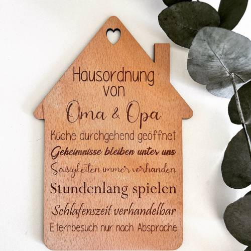 Geschenk für Oma und Opa - Personalisiertes Holzschild: Hausordnung von Oma und Opa