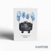 A6 Geburtstagskarte Ruhrpott Kohlenlore blaue Luftballons | Glück auf Karten  | Personalisiert Alter Name Bild 1