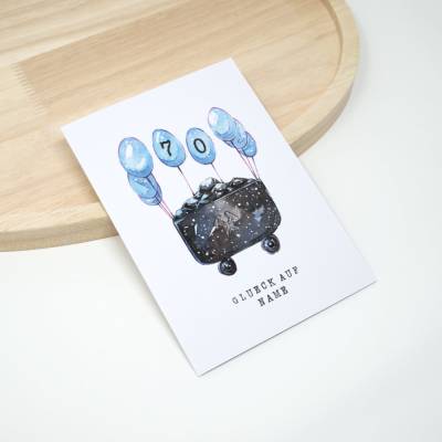 A6 Geburtstagskarte Ruhrpott Kohlenlore blaue Luftballons | Glück auf Karten  | Personalisiert Alter Name
