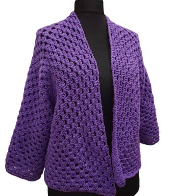 Cardigan, Häkeljacke, Strickjacke , Modell Hexagon Lila mit Glitzerfaden