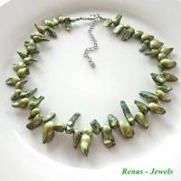 Keshi Süßwasser Zuchtperlen Kette Grün Silberfarben Süßwasserperlen Perlenkette Collier Bild 5