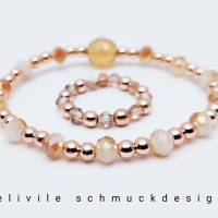 Glas Schmuckset aus Armband und Ring Farbe Weiß und Rosègold Schmuckstück Perlenschmuck Bild 1