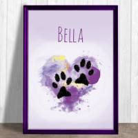 Pfotenabdruck Poster | mit Pfotenabdruck und Name deines Hundes - Watercolor Herz lila - Digitaldruck Bild 1