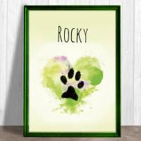 Pfotenabdruck Poster | mit Pfotenabdruck und Name deines Hundes - Watercolor Herz grün - Digitaldruck Bild 1