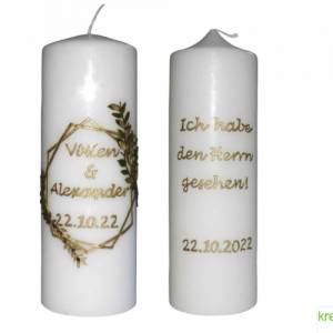 Hochzeitskerze modern mit Vieleck und Blattranke in elfenbein, Traukerze, Trauung, personalisiertes Hochzeitsgeschenk Bild 1