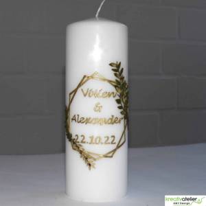 Hochzeitskerze modern mit Vieleck und Blattranke in elfenbein, Traukerze, Trauung, personalisiertes Hochzeitsgeschenk Bild 2