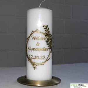 Hochzeitskerze modern mit Vieleck und Blattranke in elfenbein, Traukerze, Trauung, personalisiertes Hochzeitsgeschenk Bild 5
