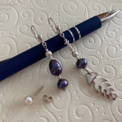 Ohrhänger mit Perlen und Silber, Set: 3-tlg., lila Zuchtperlen  und Si925, Geschenk für Frau Mann, Handarbeit aus Bayern