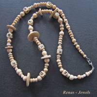 Holzkette lang Perlenkette beige Holzperlen Holz Würfel Perlen Scheiben Holzperlenkette Perlen Kette Handgefertigt Bild 1