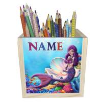 Meerjungfrau Holz Stiftebox personalisiert z. B. Name Schriftartwahl | 10x10x10cm | Stiftehalter | Schreibtischorganizer Bild 1