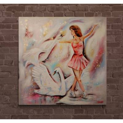 EISZAUBER - Winterbild mit Schwänen und einer Schlittschuhläuferin auf Leinwand 100cmx100cm