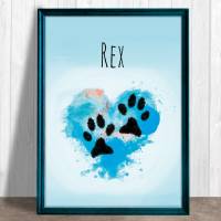 Pfotenabdruck Poster | mit Pfotenabdruck und Name deines Hundes - Watercolor Herz blau - Digitaldruck Bild 1