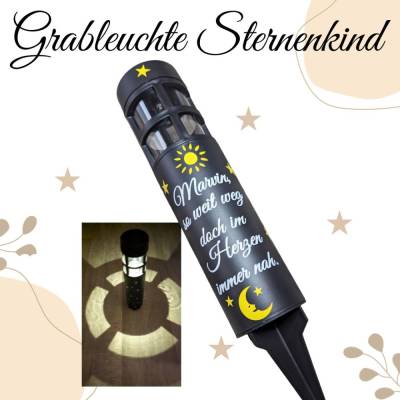 Grablicht Solar Sternenkind Mond und Sterne, Personalisiert, Kerze, Gedenklicht, Trauerlicht, Erinnerungslicht, Grab