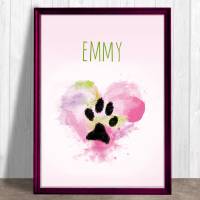 Pfotenabdruck Poster | mit Pfotenabdruck und Name deines Hundes - Watercolor Herz rosa - Digitaldruck Bild 1